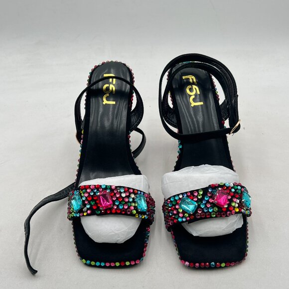 FSJ Black Colorful Rhinestones Diamond Heel Square Open Toe Ankle Strap Sandals - Picture 3 of 8